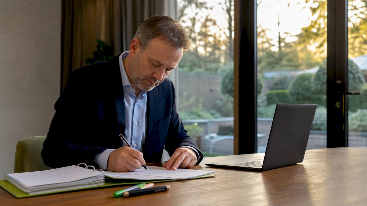 Een accountant vult op kantoor een administratief formulier in