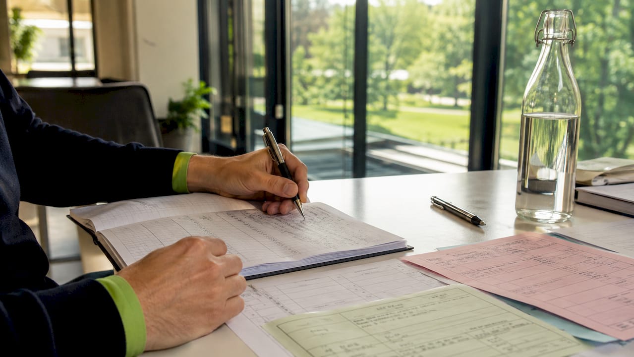 Detailopname van handen die aantekeningen maken in een kasboek
