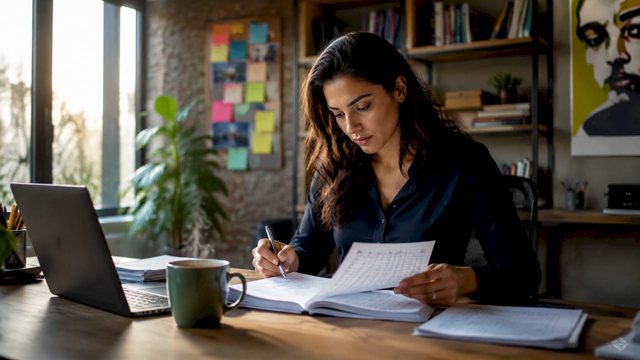 Een ondernemer loopt de financiële administratie na en maakt een berekening