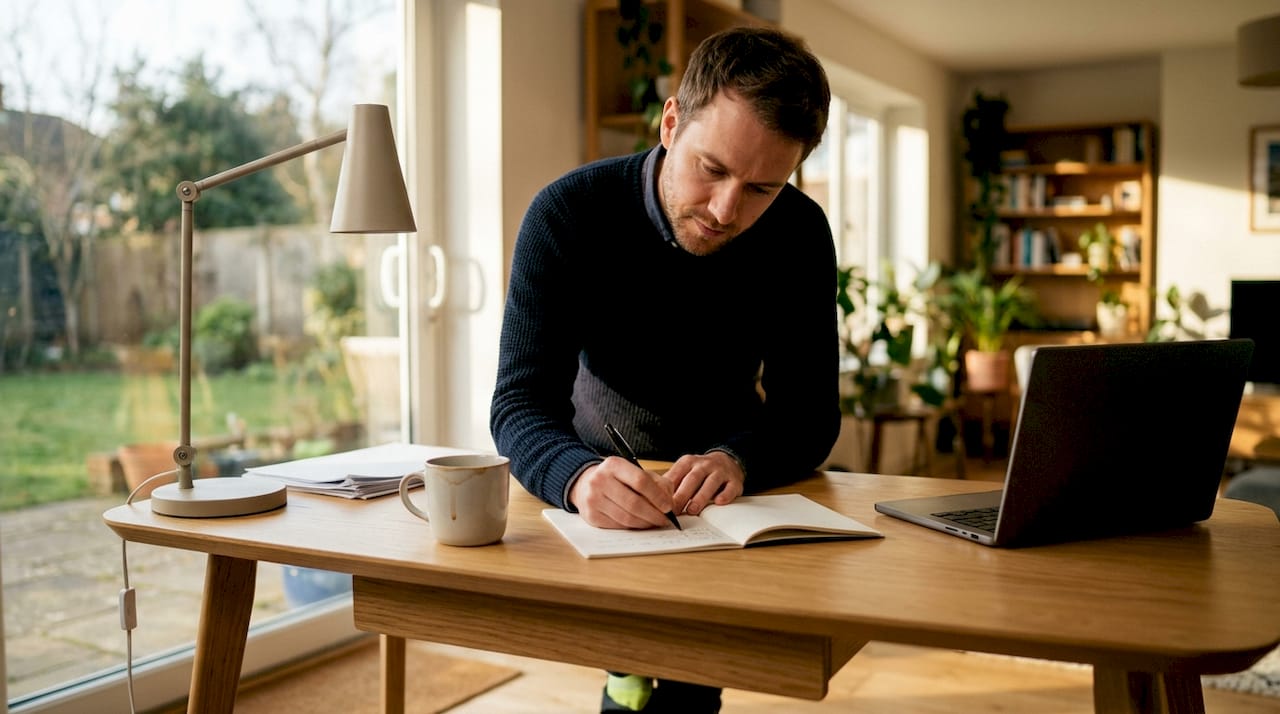 Een freelancer houdt achter zijn bureau de gewerkte uren bij