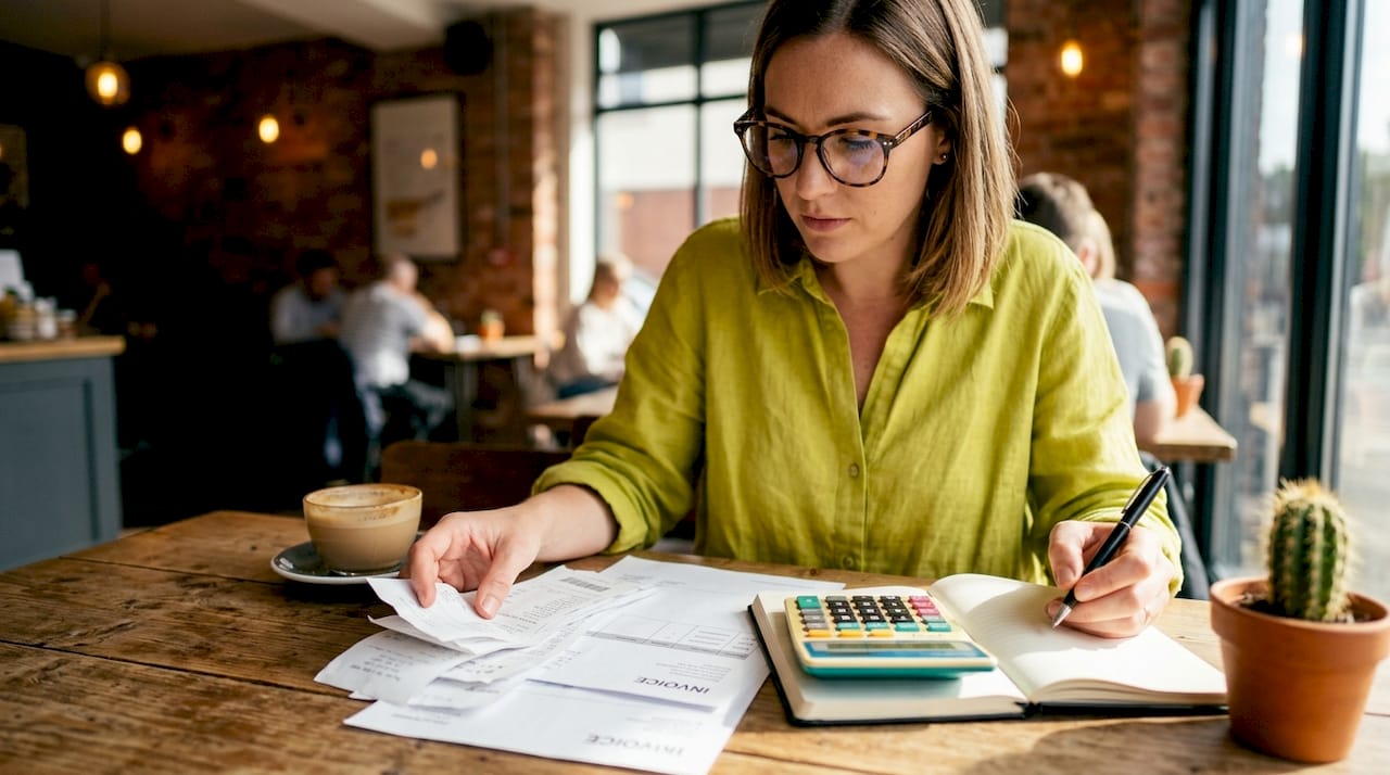 Een freelancer die zijn bonnetjes en facturen netjes op orde brengt voor de belastingaangifte.