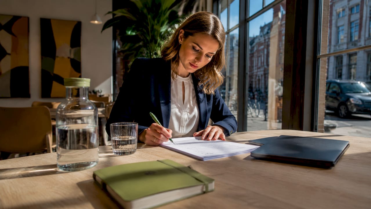 Vrouw loopt een checklist voor contractbeheer na