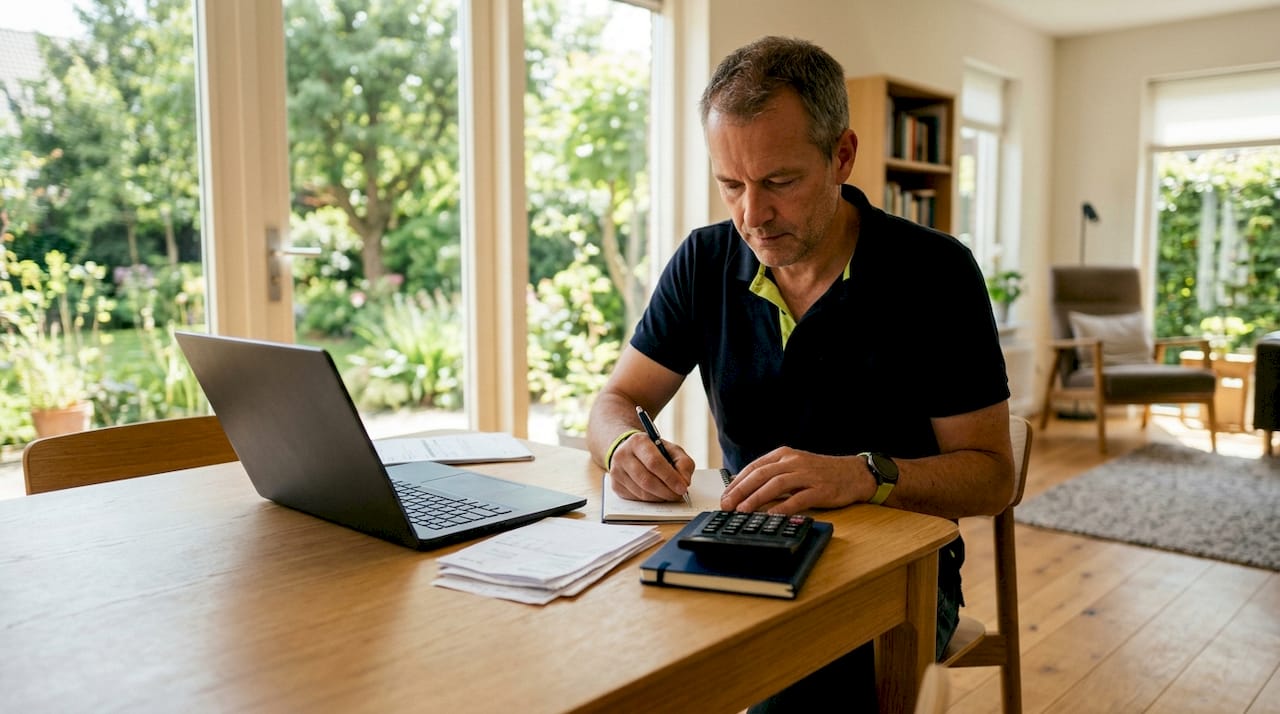 Een zelfstandige werkt met een rekenmachine de administratie bij