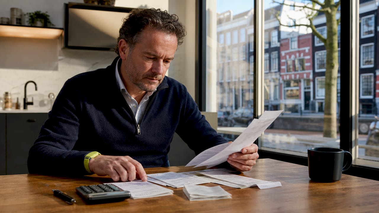 Een zelfstandig ondernemer bekijkt zijn belastingpapieren aan de keukentafel