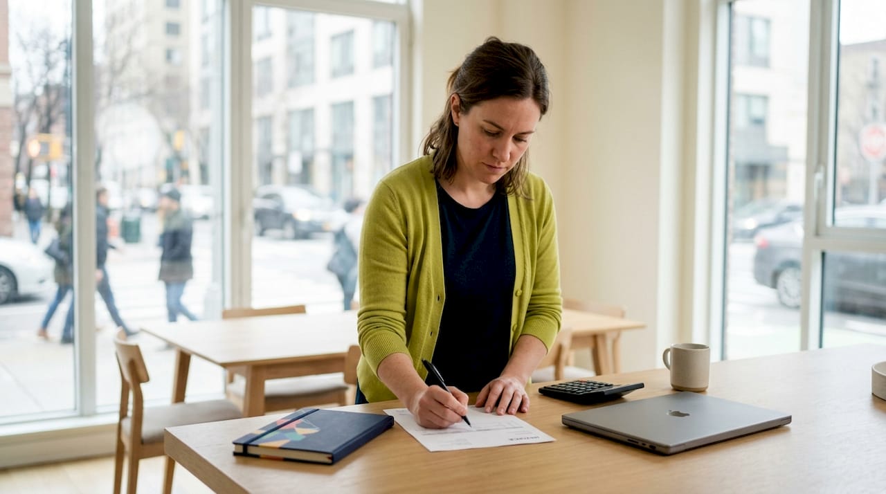 Een zzp'er stelt aan zijn bureau een factuur op