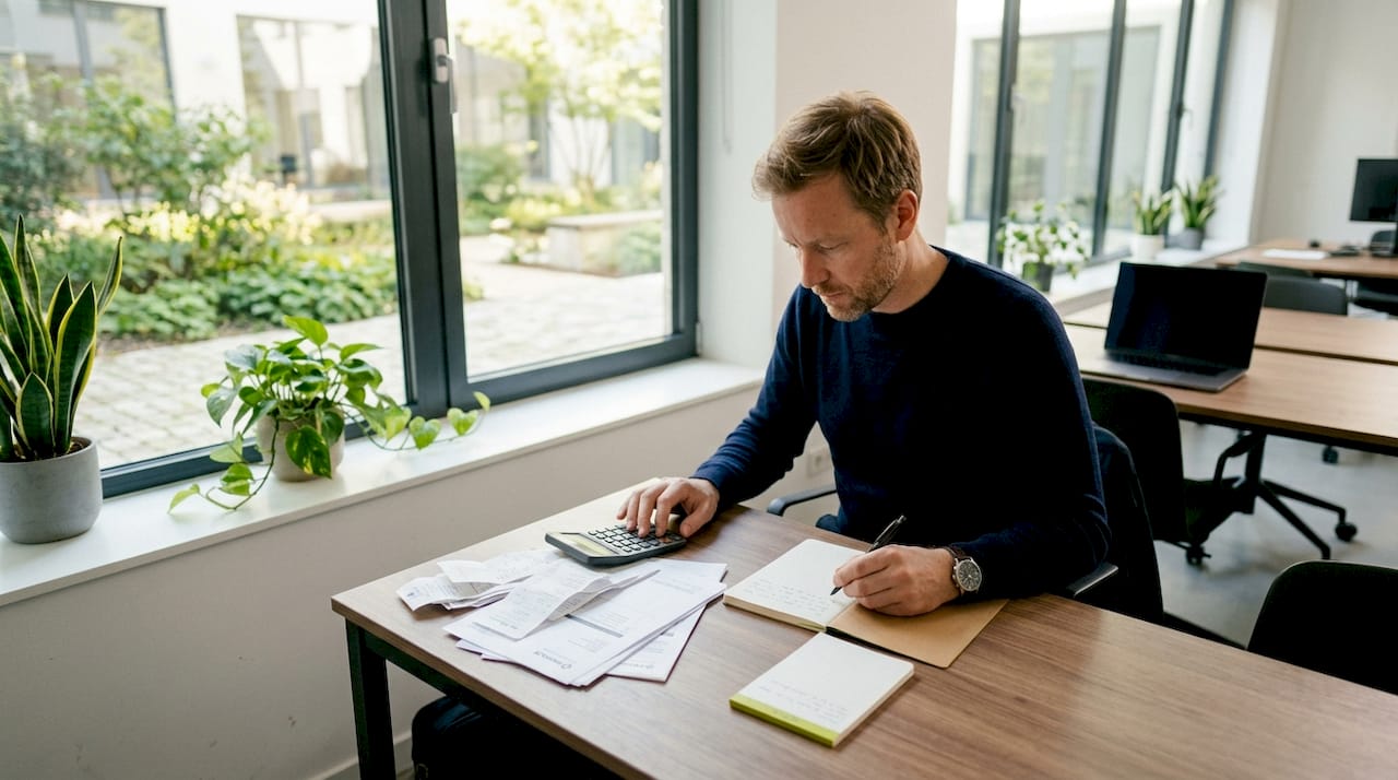 Een ondernemer ordent aan zijn bureau financiële documenten voor cashflowbeheer