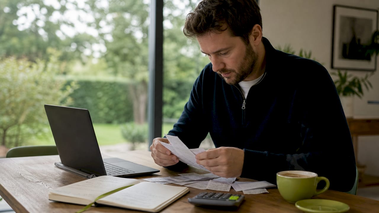 Een zzp'er start aan zijn bureau met het opzetten van de administratie